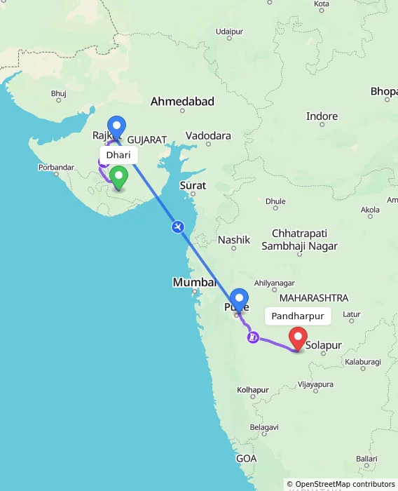 Route map showing distance and travel time from Dhari, India to Pandharpur, India