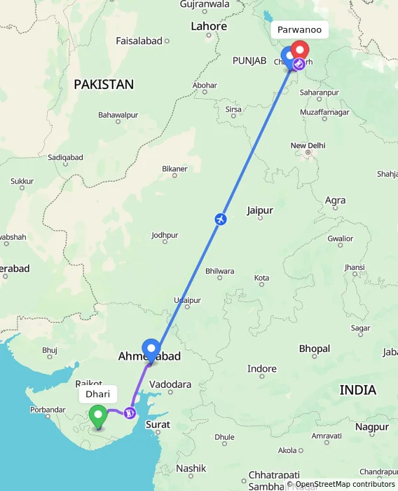 Route map showing distance and travel time from Dhari, India to Parwanoo, India