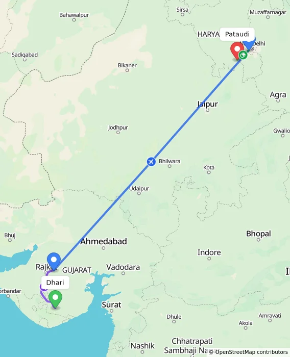 Route map showing distance and travel time from Dhari, India to Pataudi, India