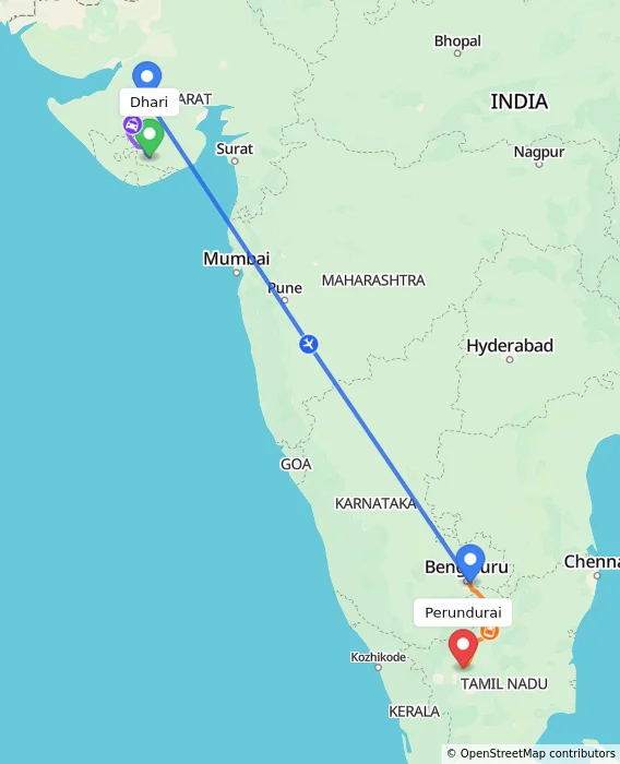 Route map showing distance and travel time from Dhari, India to Perundurai, India