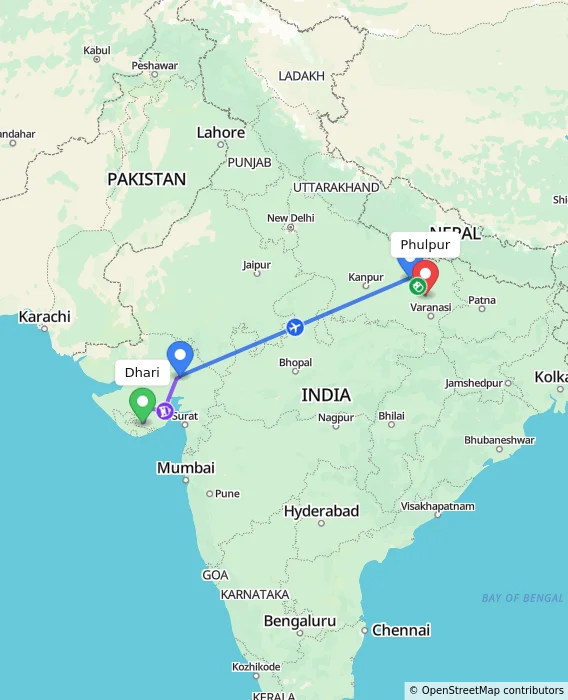 Route map showing distance and travel time from Dhari, India to Phulpur, India
