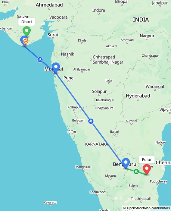 Route map showing distance and travel time from Dhari, India to Polur, India