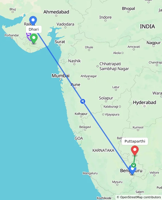 Route map showing distance and travel time from Dhari, India to Puttaparthi, India