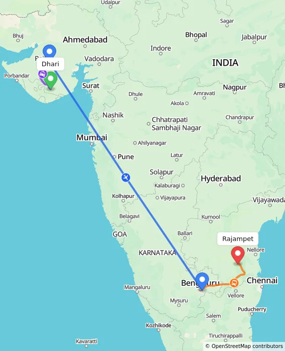 Route map showing distance and travel time from Dhari, India to Rajampet, India