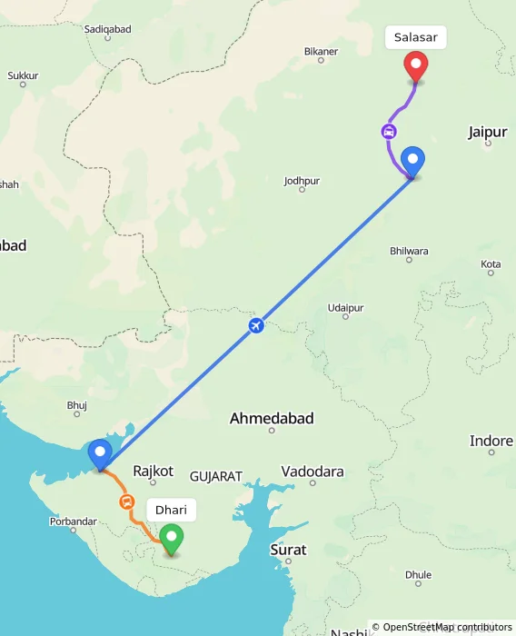 Route map showing distance and travel time from Dhari, India to Salasar, India
