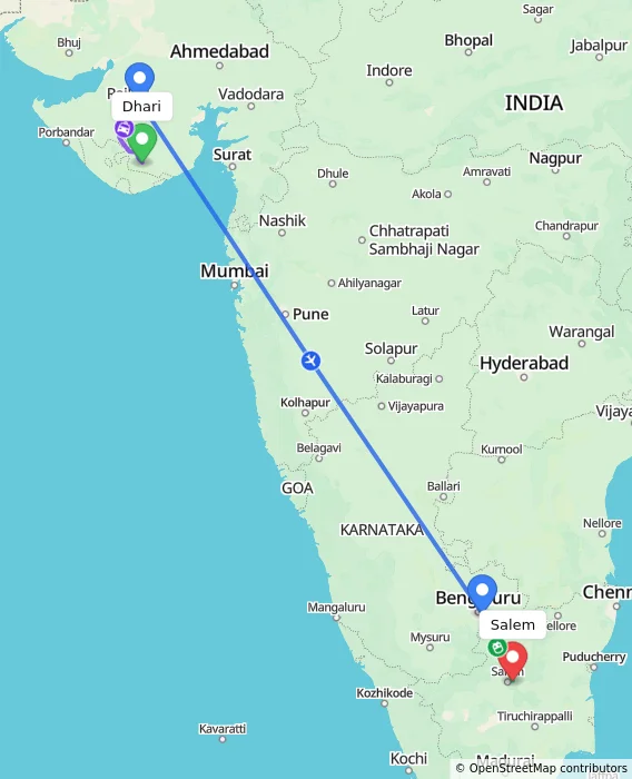 Route map showing distance and travel time from Dhari, India to Salem, India