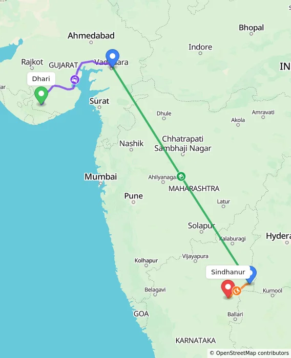 Route map showing distance and travel time from Dhari, India to Sindhanur, India