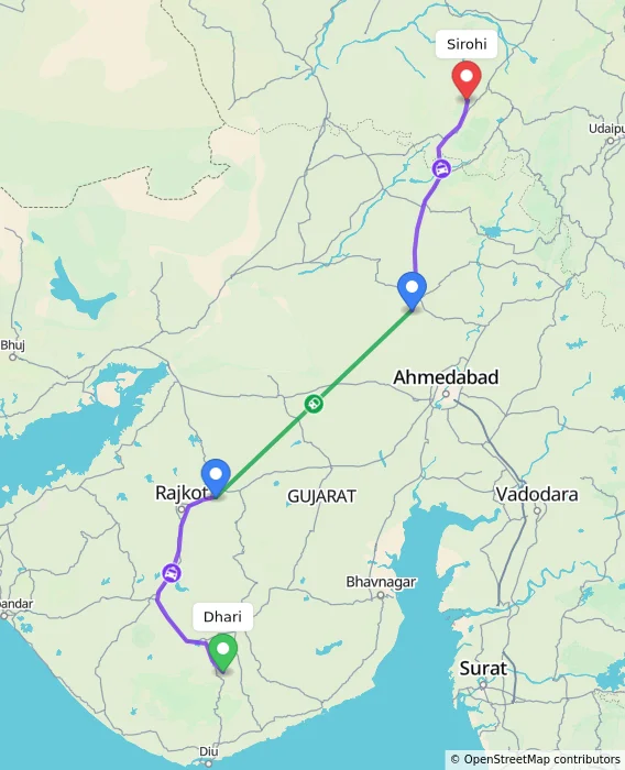 Route map showing distance and travel time from Dhari, India to Sirohi, India