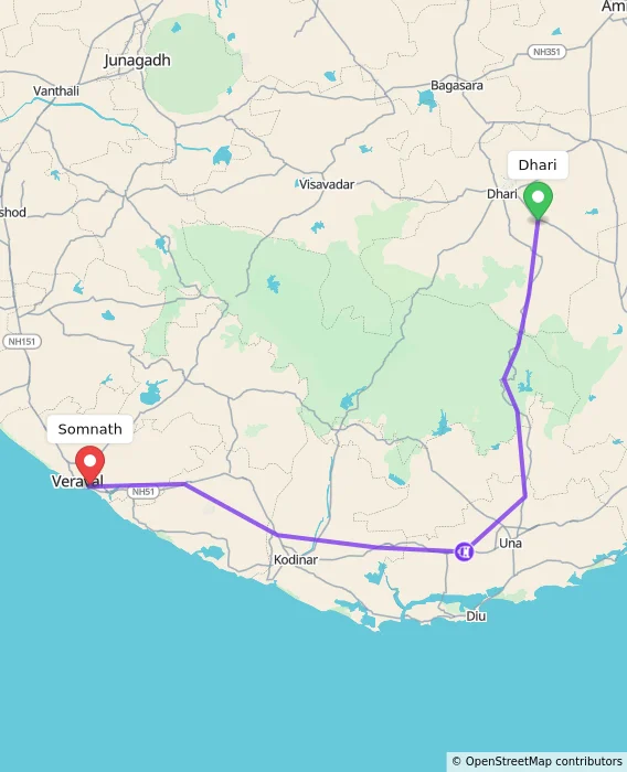 Route map showing distance and travel time from Dhari, India to Somnath, India