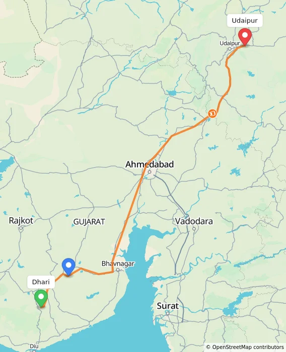 Route map showing distance and travel time from Dhari, India to Udaipur, India