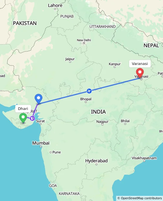 Route map showing distance and travel time from Dhari, India to Varanasi, India