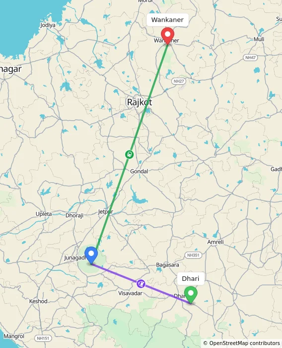 Route map showing distance and travel time from Dhari, India to Wankaner, India
