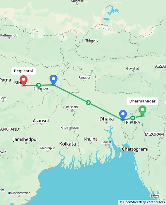 Route map showing distance and travel time from Dharmanagar, India to Begusarai, India