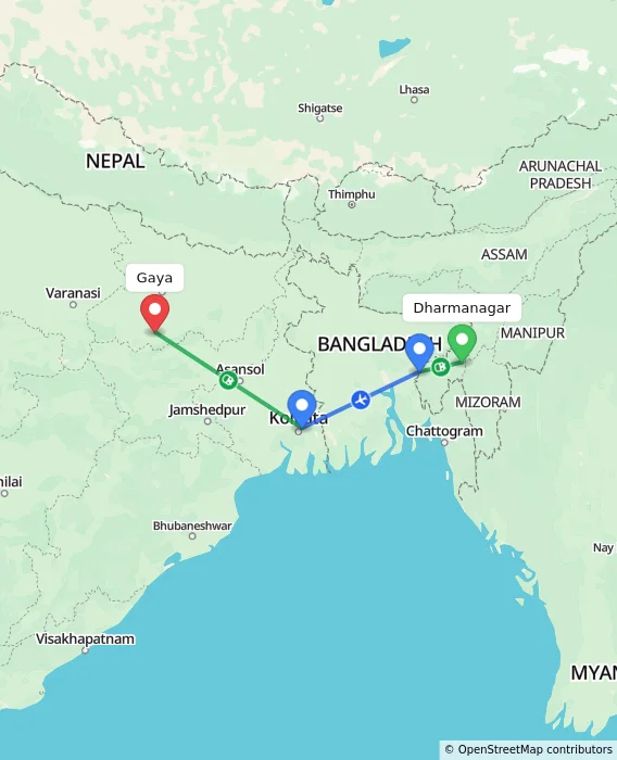 Route map showing distance and travel time from Dharmanagar, India to Gaya, India