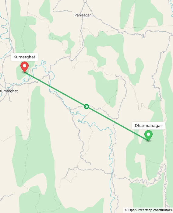 Route map showing distance and travel time from Dharmanagar, India to Kumarghat, India