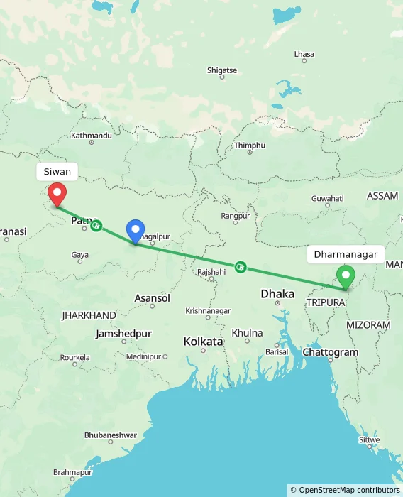 Route map showing distance and travel time from Dharmanagar, India to Siwan, India