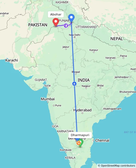 Route map showing distance and travel time from Dharmapuri, India to Abohar, India