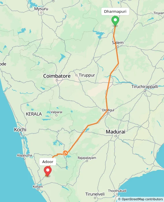 Route map showing distance and travel time from Dharmapuri, India to Adoor, India