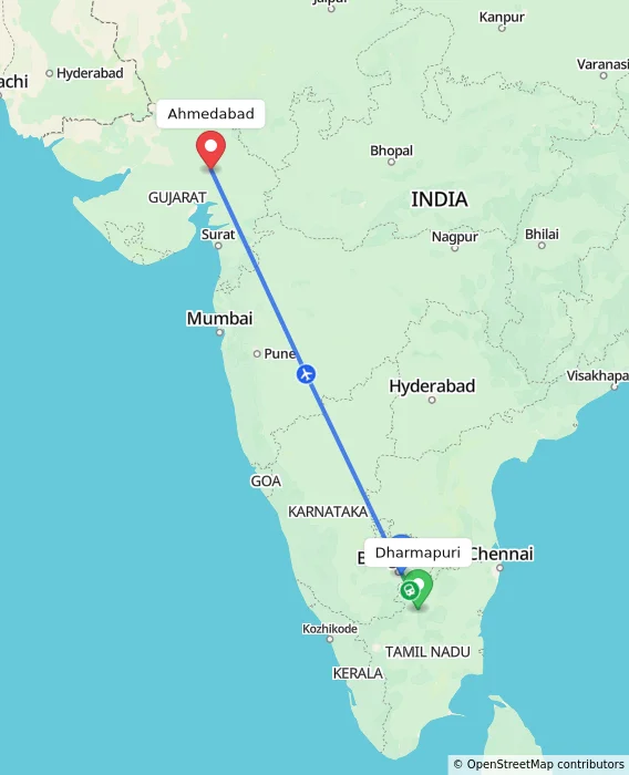 Route map showing distance and travel time from Dharmapuri, India to Ahmedabad, India