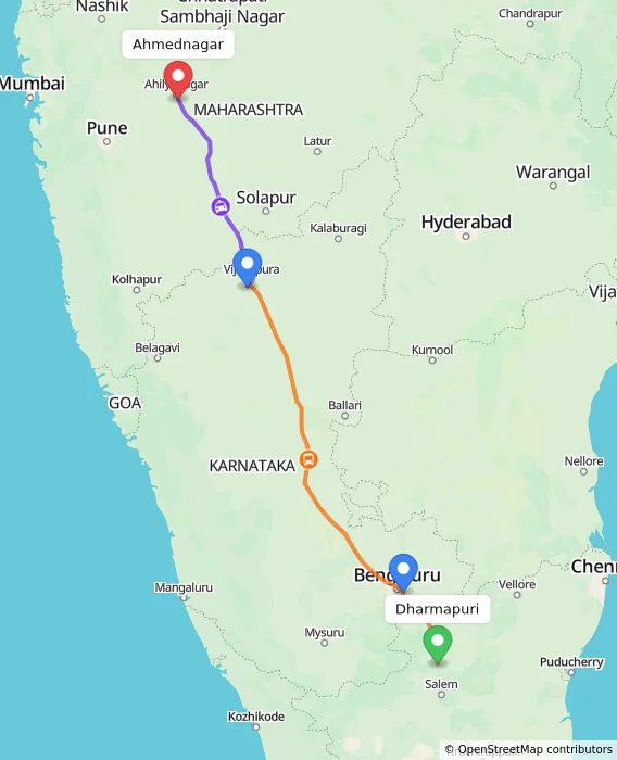 Route map showing distance and travel time from Dharmapuri, India to Ahmednagar, India