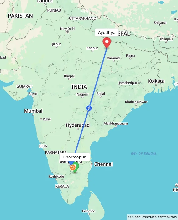 Route map showing distance and travel time from Dharmapuri, India to Ayodhya, India