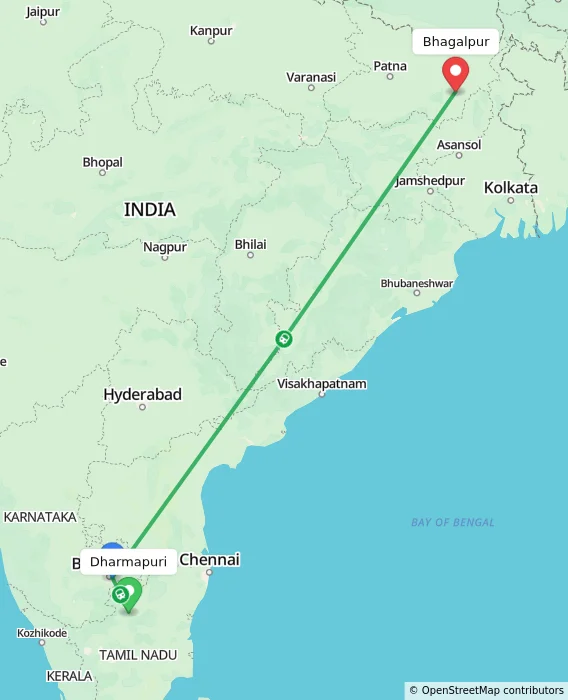 Route map showing distance and travel time from Dharmapuri, India to Bhagalpur, India
