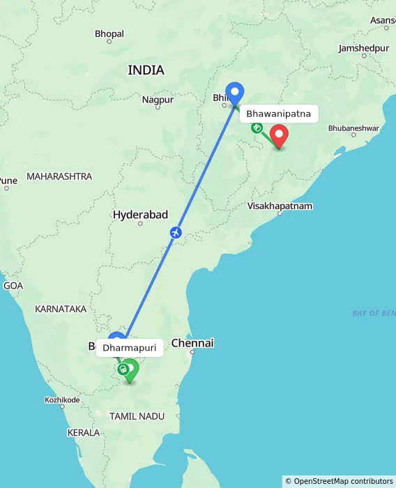 Route map showing distance and travel time from Dharmapuri, India to Bhawanipatna, India