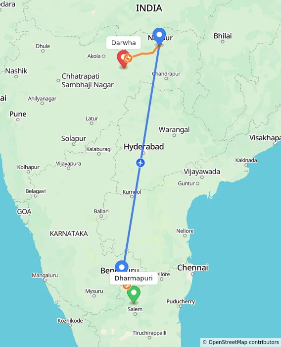 Route map showing distance and travel time from Dharmapuri, India to Darwha, India
