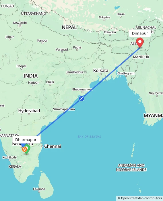 Route map showing distance and travel time from Dharmapuri, India to Dimapur, India