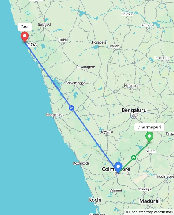 Route map showing distance and travel time from Dharmapuri, India to Goa, India