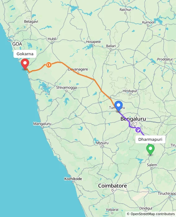 Route map showing distance and travel time from Dharmapuri, India to Gokarna, India