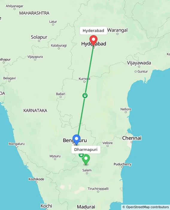 Route map showing distance and travel time from Dharmapuri, India to Hyderabad, India