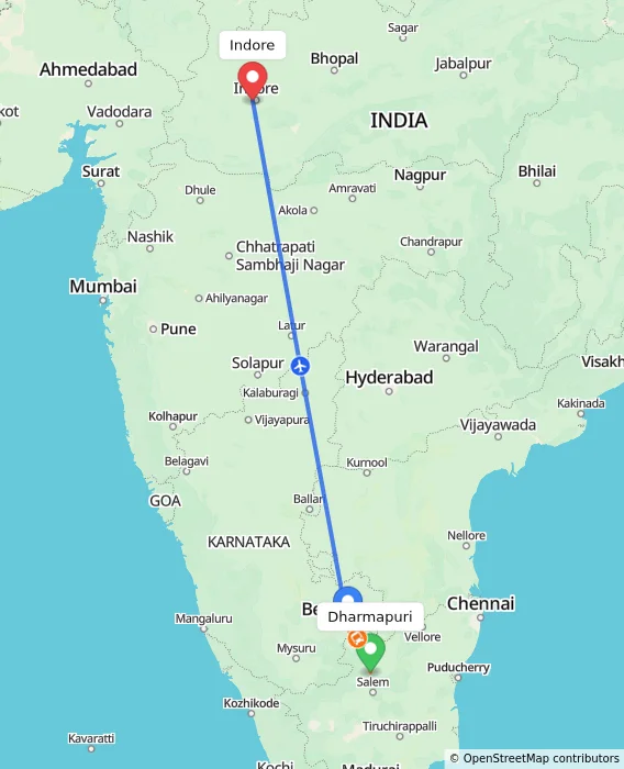 Route map showing distance and travel time from Dharmapuri, India to Indore, India