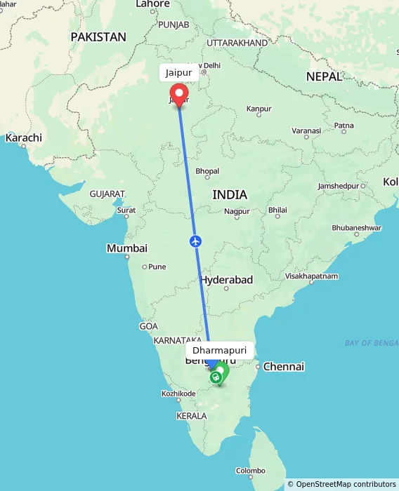 Route map showing distance and travel time from Dharmapuri, India to Jaipur, India