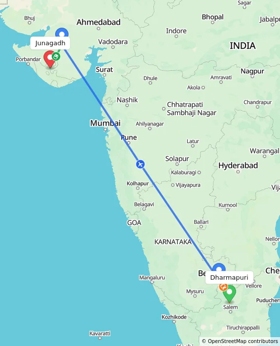 Route map showing distance and travel time from Dharmapuri, India to Junagadh, India