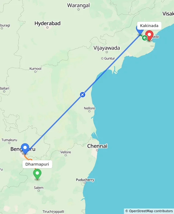 Route map showing distance and travel time from Dharmapuri, India to Kakinada, India