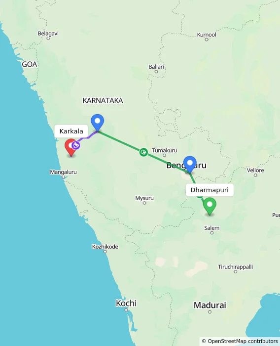 Route map showing distance and travel time from Dharmapuri, India to Karkala, India