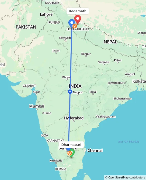 Route map showing distance and travel time from Dharmapuri, India to Kedarnath, India