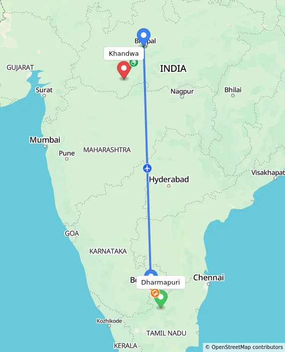Route map showing distance and travel time from Dharmapuri, India to Khandwa, India