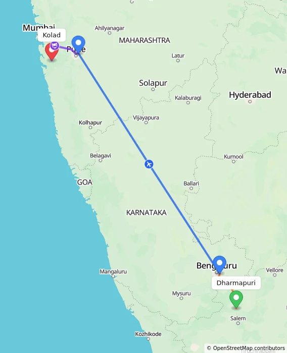Route map showing distance and travel time from Dharmapuri, India to Kolad, India