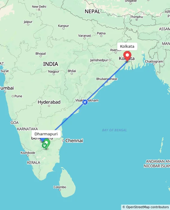 Route map showing distance and travel time from Dharmapuri, India to Kolkata, India