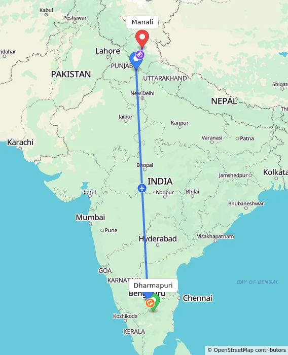 Route map showing distance and travel time from Dharmapuri, India to Manali, India