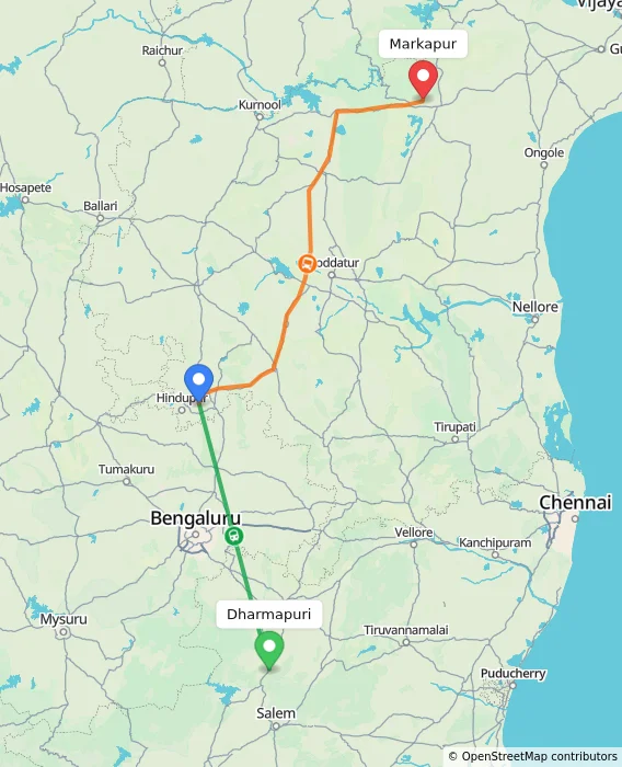 Route map showing distance and travel time from Dharmapuri, India to Markapur, India