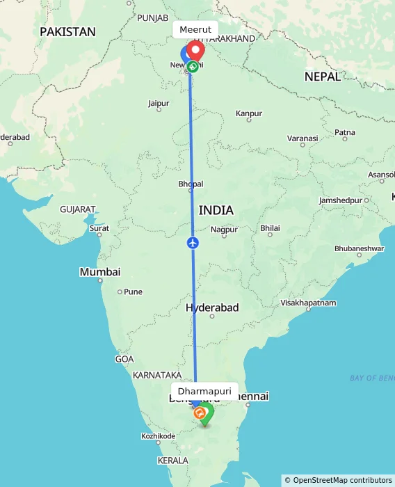 Route map showing distance and travel time from Dharmapuri, India to Meerut, India