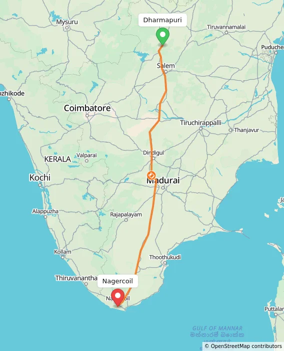 Route map showing distance and travel time from Dharmapuri, India to Nagercoil, India