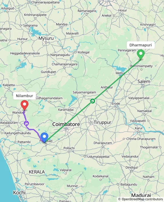 Route map showing distance and travel time from Dharmapuri, India to Nilambur, India