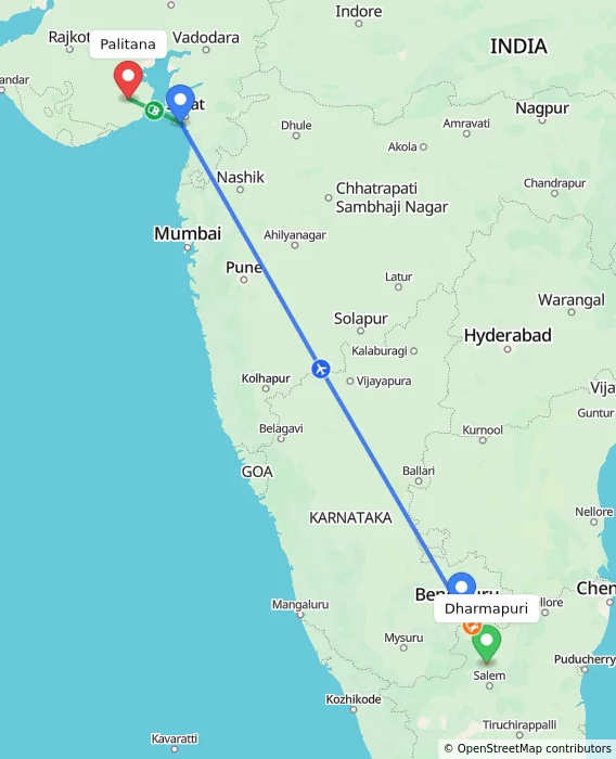 Route map showing distance and travel time from Dharmapuri, India to Palitana, India