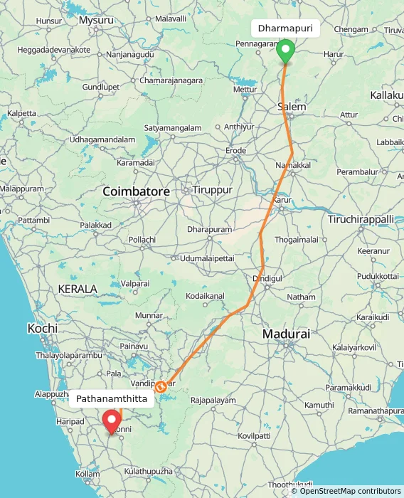 Route map showing distance and travel time from Dharmapuri, India to Pathanamthitta, India