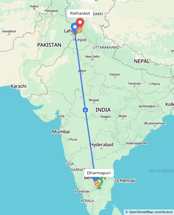 Route map showing distance and travel time from Dharmapuri, India to Pathankot, India