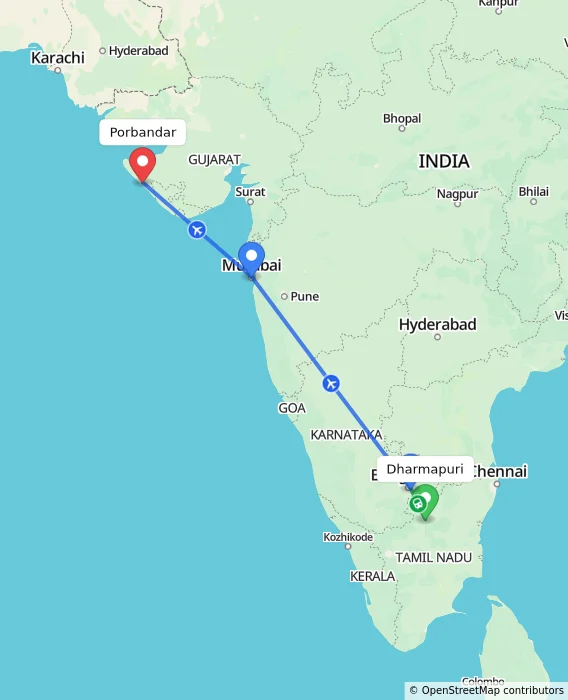 Route map showing distance and travel time from Dharmapuri, India to Porbandar, India